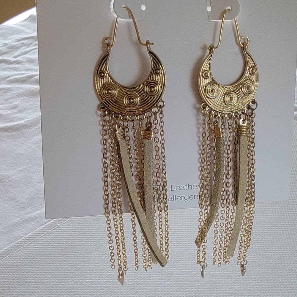 Boho Faux Leather Chain Tassel Drop Earrings - Picture 2 of 9